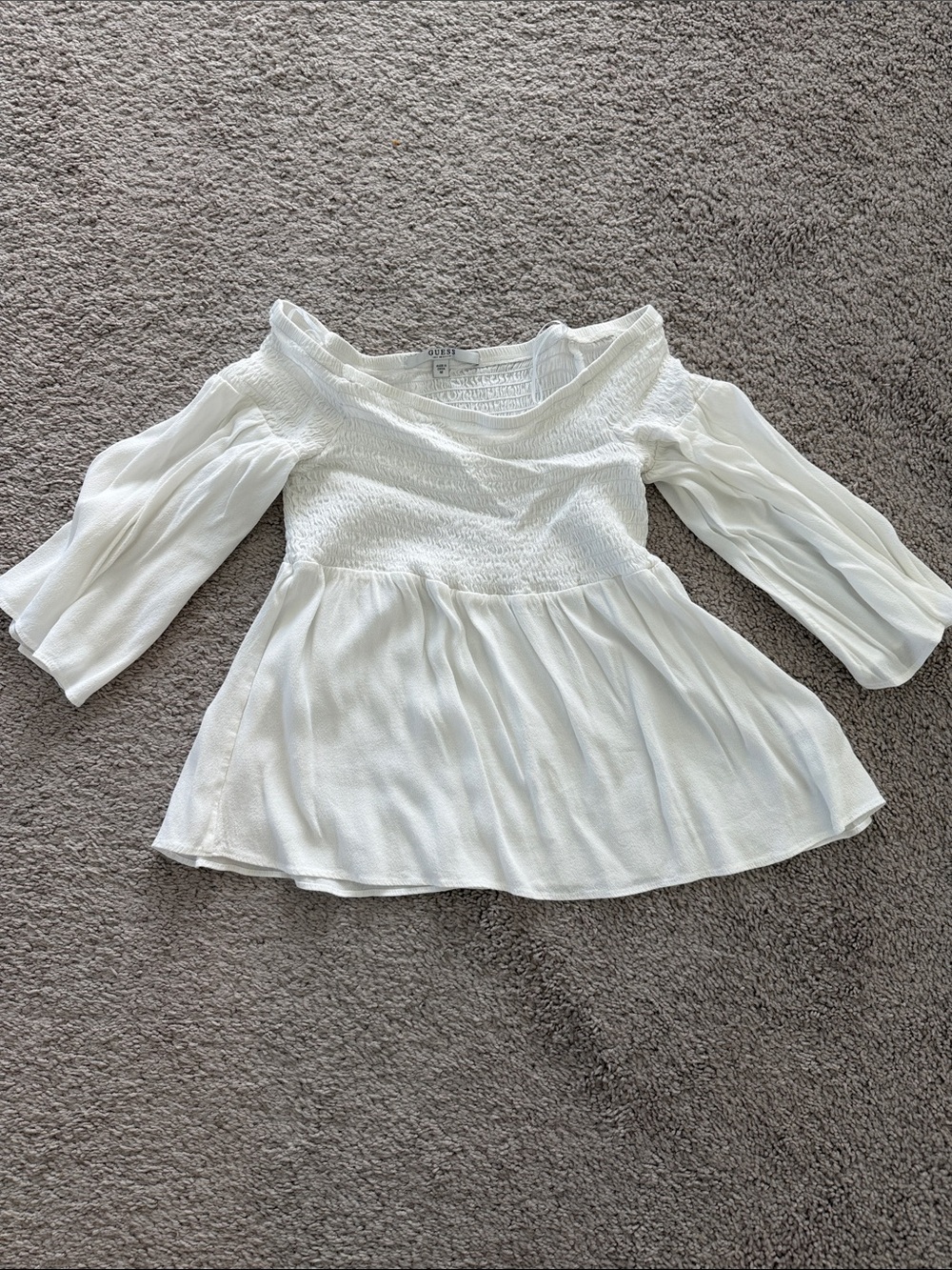 Guess White Off-Shoulder Smocked Peplum Tunic